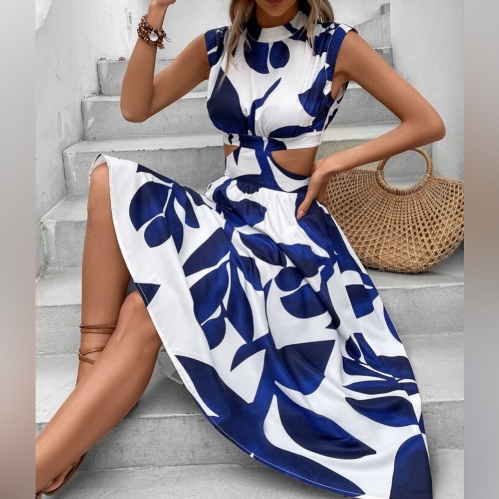 SHEIN VCAY Leaf Print Cut Out Waist Dress